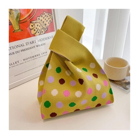 Szín: B-sárga - Aranyos pöttyös kötött kézitáska női mini csomós csuklótáska Hordozható alkalmi sétáló