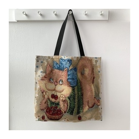 Szín: Cseresznye és macska - Nyomtatott Irodalmi Válltáska Női Szabadidő Vászon Újrafelhasználható Bevásárló