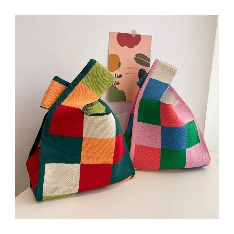 Szín: sötétzöld-sárga - Kockás színű kézzel készített kötött kézitáska koreai női szőtt csuklótáska