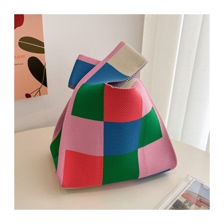Szín: rózsaszín-zöld - Kockás színű kézzel készített kötött kézitáska koreai női szőtt csuklótáska