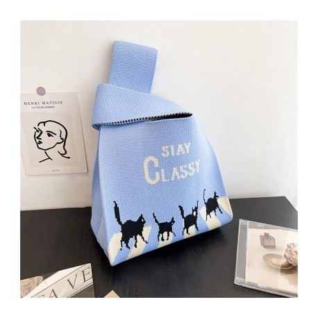 Szín: kék - Macska betűs mellény táska kötött kézitáska japán stílusú hordozható csomós csuklótáska női felső