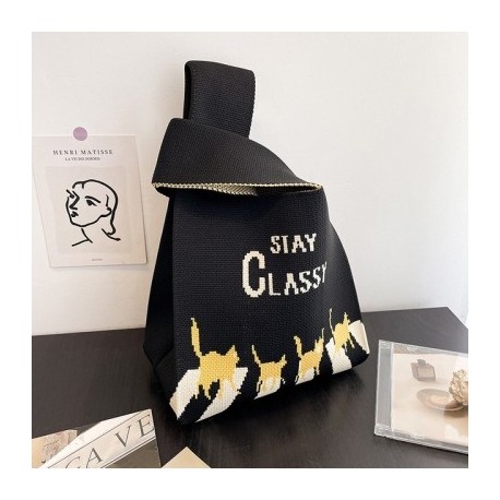 Fekete szín - Macska betűs mellény táska kötött kézitáska japán stílusú hordozható csomós csuklótáska női felső