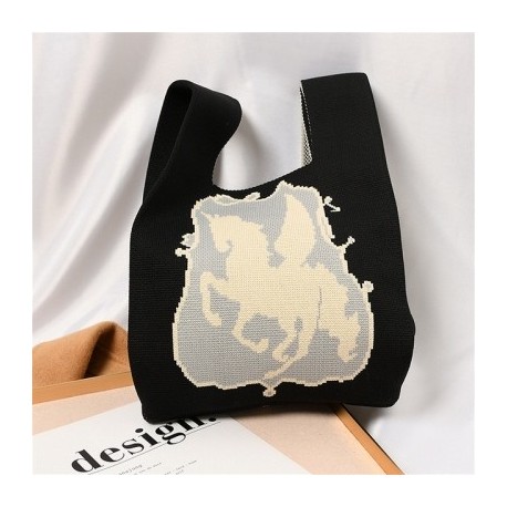 Fekete szín - Angel Pony Kötött kézitáska Diákoknak Alkalmi tároló Válltáska Divat szőtt táska Nagy kapacitású