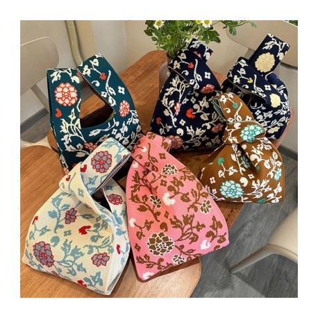 Szín: sárga - Japán niche virágos kötött kézitáska női kézitáska Retro csuklótáska válltáska Alkalmi