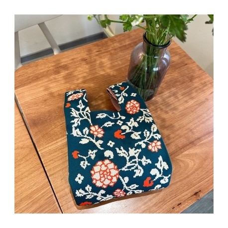 Szín: sötétkék - Japán niche virágos kötött kézitáska női kézitáska Retro csuklótáska válltáska Alkalmi