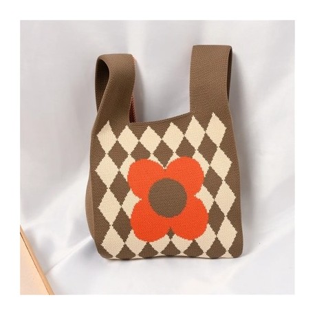 Fekete szín - Geometrikus virágos kötött kézitáska női koreai alkalmi kockás csuklótáska Összehajtható öko