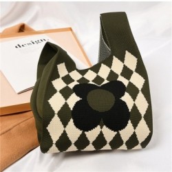 Szín: hadsereg zöld - Geometrikus virágos kötött kézitáska női koreai alkalmi kockás csuklótáska Összehajtható öko