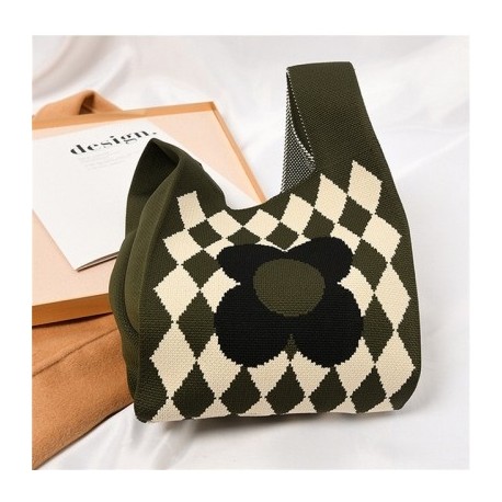 Szín: hadsereg zöld - Geometrikus virágos kötött kézitáska női koreai alkalmi kockás csuklótáska Összehajtható öko