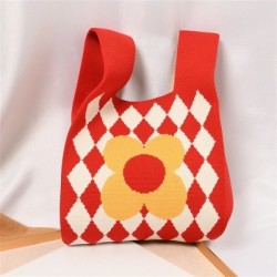 Piros szín - Geometrikus virágos kötött kézitáska Női koreai alkalmi kockás csuklótáska Összehajtható Eco
