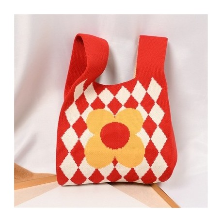 Piros szín - Geometrikus virágos kötött kézitáska Női koreai alkalmi kockás csuklótáska Összehajtható Eco
