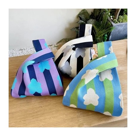 Szín: B - Niche Design Csíkos virágos kötés kézitáska Mini csomós csuklótáska Nyáron Hordozható Újrahasználható