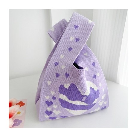 Szín: lila - Fashion Love Vest Bag Kötött kézitáska nőknek Japán stílusú mini válltáska Csuklótáska Kulcsos